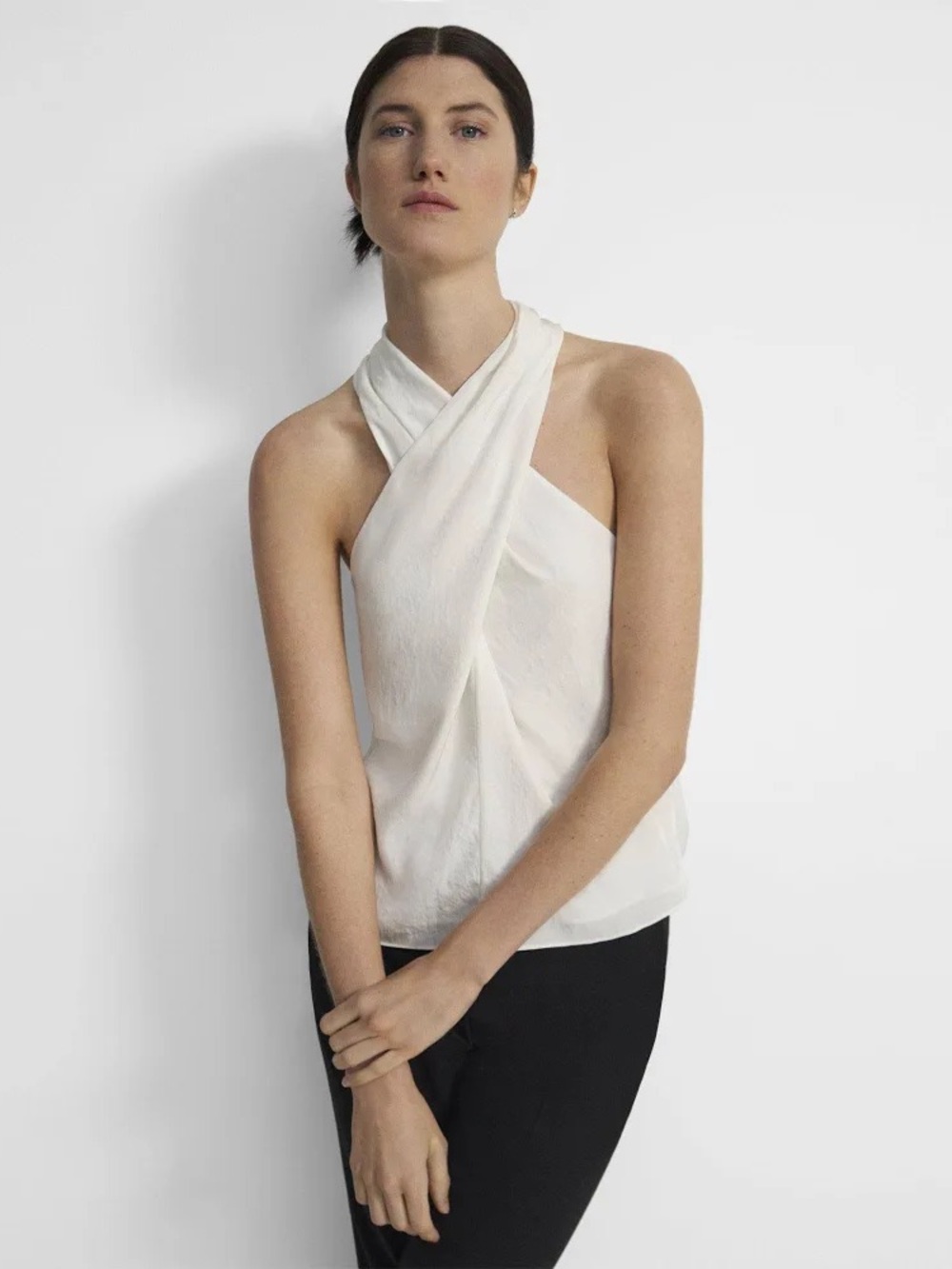 Theory Cream Twist Halter Silk Top